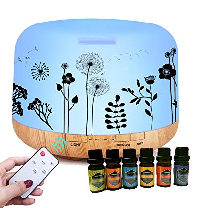 ledsniper 500ML Essential Oil Diffuser dandelion printing remote control with 6 of Essential Oil