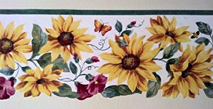 Wallpaper Border Sunflowers & Red Morning Glories with Green Vine on White by The Wallpaper and Border Store