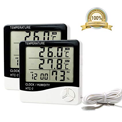 Indoor Humidity Monitor Humidity Gauge Digital Hygrometer Thermometer Meter Temperature Monitor Sensor 4 Inch large Display Screen With Clock And Date Probe（2 Pack）